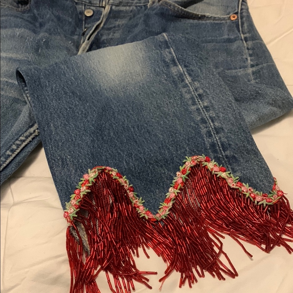Women's Blue Jeans with Red Fringe